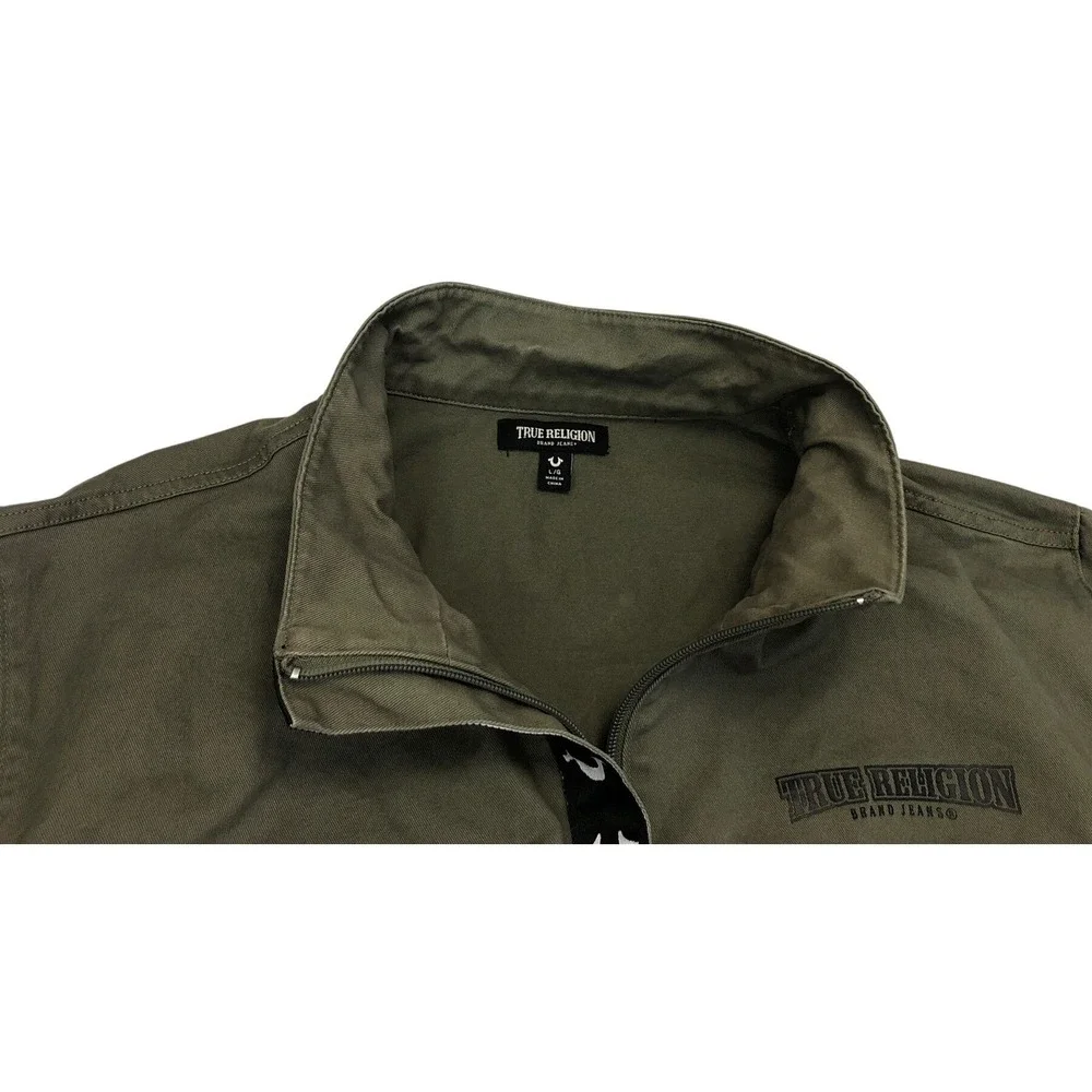 True Religion Mens Military Green HS Twill Jacket Buddha Graphic Full Zip‎ Large
